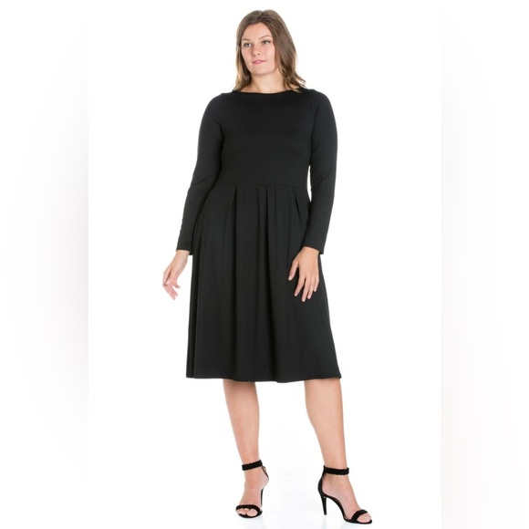 24seven Black Fit & Flare Long Sleeve Midi Dress Size 2X NWT - Picture 1 of 8